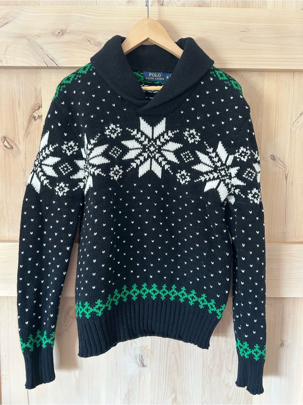Polo Ralph Lauren Men’s Black Fair Isle Shawl Collar Sweater with Green Medium